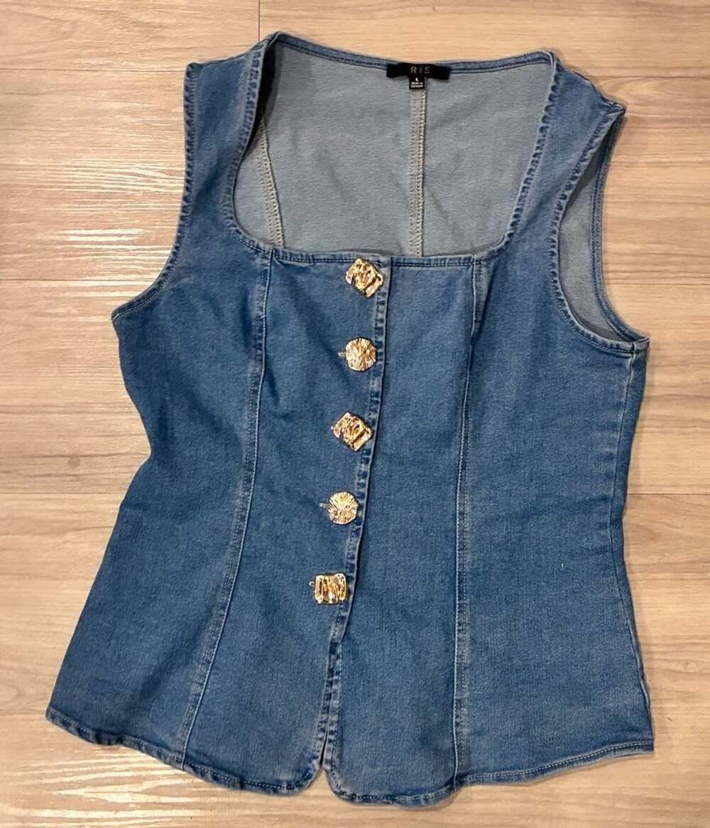IR IS Denim Vest Size L Blue Metal Buttons Square Neck Sleeveless